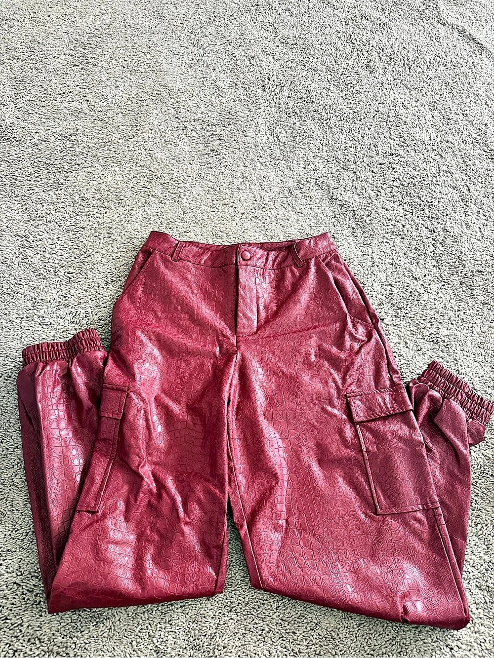 Naked Wardrobe Faux Leather croc Cargo Jogger Pants dark red Like New